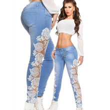 Load image into Gallery viewer, women's long denim pencil pants 2020 autumn hollow out jeans mid