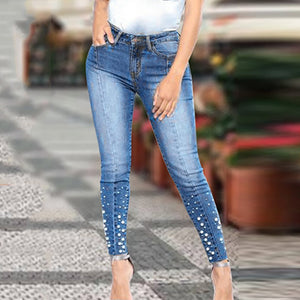 2019 New Blue Jeans Pancil Pants Women High Waist Slim Pearl Skinny