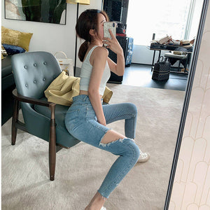 2020 hole jeans women's leggings new slim waist stretch slim